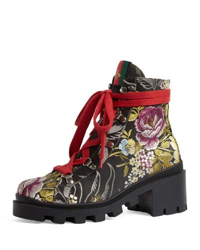 Gucci Trip Jacquard Lace Up Hiking Booties In Black