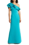 Eliza J Ruffle One Shoulder Bodycon Gown In Jade Teal