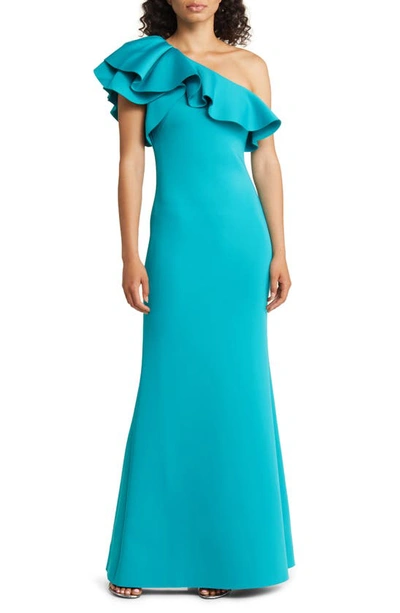 Eliza J Ruffle One Shoulder Bodycon Gown In Jade Teal