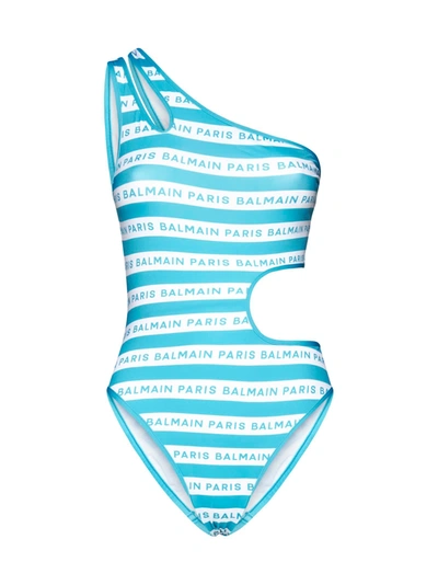 Balmain Women's New Iconic Stripes One-piece Swimsuit In Turquoise White