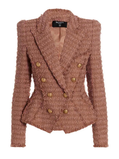 Balmain Button-embossed Double Breasted Tweed Blazer In Pink