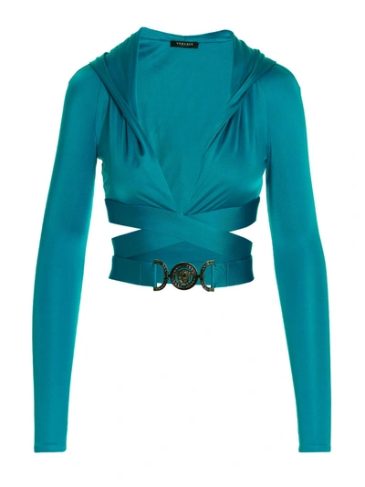 Versace Medusa Biggie Crop Hoodie In Azul Claro