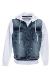 X-ray Denim Mixed Media Pullover Hoodie In Medium Wash