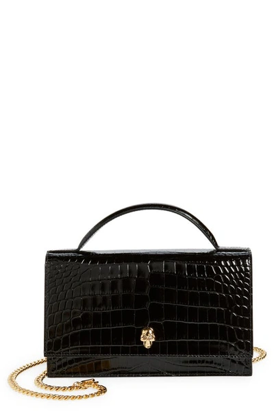 Alexander Mcqueen Medium Skull Croc Embossed Leather Crossbody Bag In Black