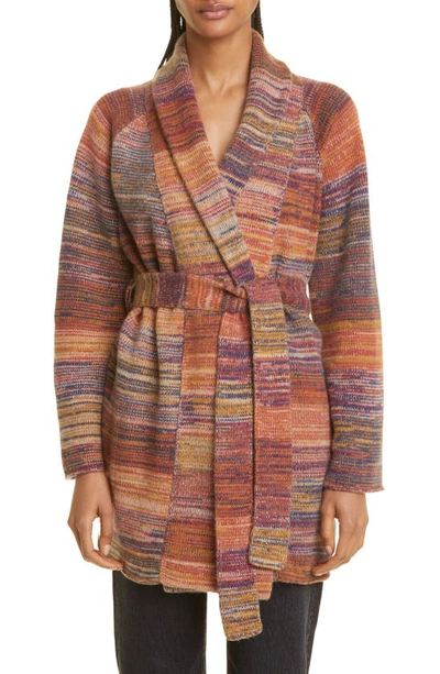 The Elder Statesman Cosmic Stripe Belted Cashmere Cardigan In Carbkrms