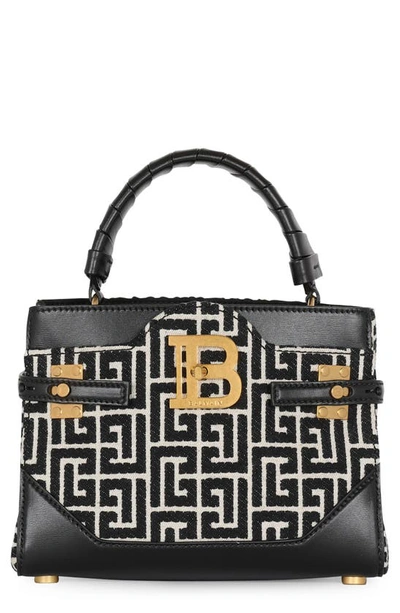 Balmain B-buzz 22 Monogram Jacquard Top Handle Bag In Ivory/ Black