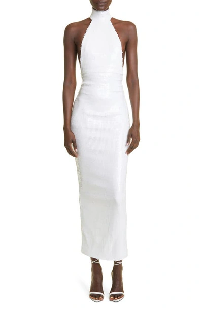 Laquan Smith Sequin Mock Neck Column Gown In White