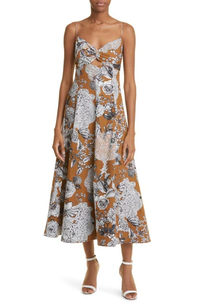 Lela Rose Floral-print Keyhole Midi Dress In Sandalwood ModeSens