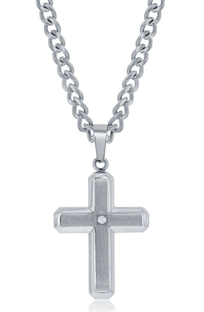 Blackjack Mens Stainess Steel Brushed Polished W/ Cz Cross Necklace In Silver