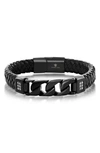 Blackjack Mens Stainless Steel Genuine Black Leather Black Curb Link W/ Cz Bracelet In Black