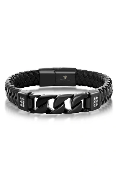 Blackjack Mens Stainless Steel Genuine Black Leather Black Curb Link W/ Cz Bracelet