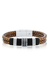 Blackjack Mens Stainless Steel Double Strand Genuine Leather Bracelet - Brown