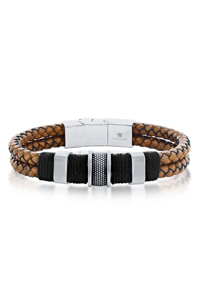 Blackjack Mens Stainless Steel Double Strand Genuine Leather Bracelet - Brown