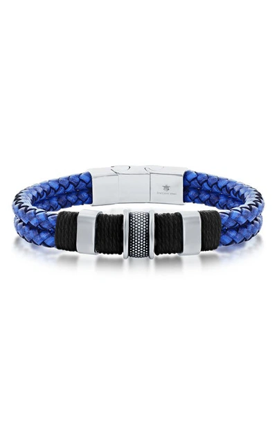 Blackjack Mens Stainless Steel Double Strand Genuine Leather Bracelet - Blue