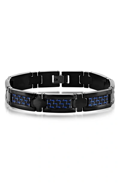 Blackjack Mens Stainless Steel Carbon Fiber Bracelet - Black & Blue In Black/ Blue