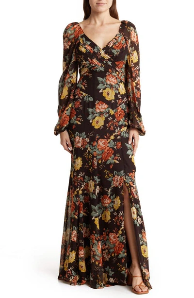 Veronica Beard Avani Pleated Floral-print Silk-chiffon Maxi Dress In Dark Brown