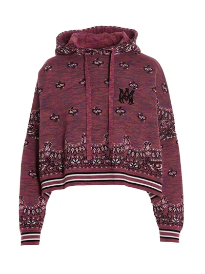 Amiri Cropped Embroidered Space-dyed Cotton-jacquard Hoodie In Fuchsia
