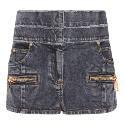 Balmain High Waist Faded Denim Mini Shorts In Blue