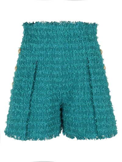 Balmain High Waist Tweed Mini Shorts In Green