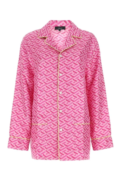 Versace Monogram Print Silk Twill Pajama Shirt In Pink