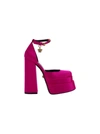 Versace Crystal Embellished Ankle Strap Block-heel Sandals In Deep Fuxia/oro