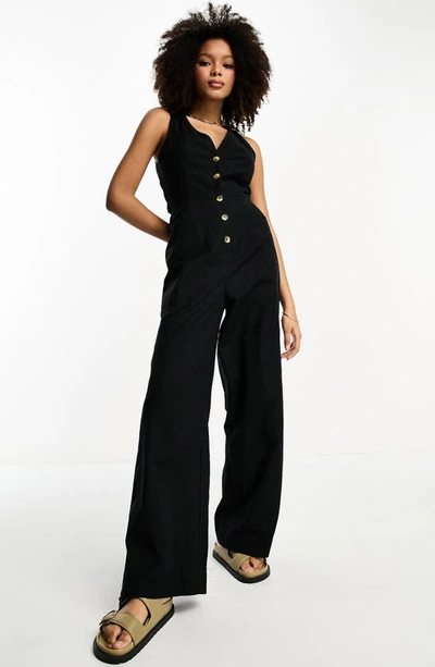 Asos Design Linen Look Button Up Jumpsuit In Black