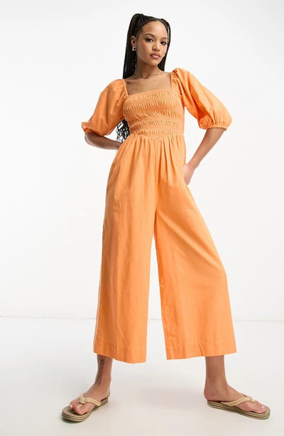 Asos Design Linen Look Shirred Puff Sleeve Jumpsuit In Orange