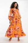 Asos Design Floral Print Ruched Long Sleeve Chiffon Maxi Dress In Orange Multi