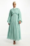 Asos Design Long Sleeve Plissé Maxi Dress In Light Green
