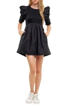 ENGLISH FACTORY RUCHED PUFF SLEEVE COTTON DRESS