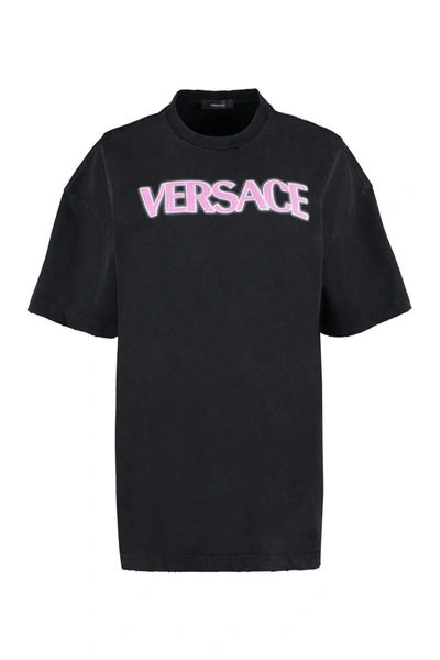 Versace Woman Black Cotton T-shirt In Multi-colored