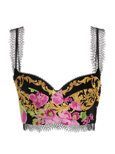 Versace Medusa Orchid-print Lace-trim Silk-twill Crop Top In Black