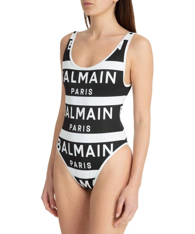 Balmain Logo Print One Piece Swimsuit In Black