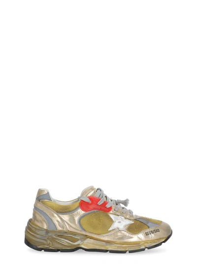 Golden Goose Dad-star Distressed Metallic Mesh And Leather Sneakers In Gold