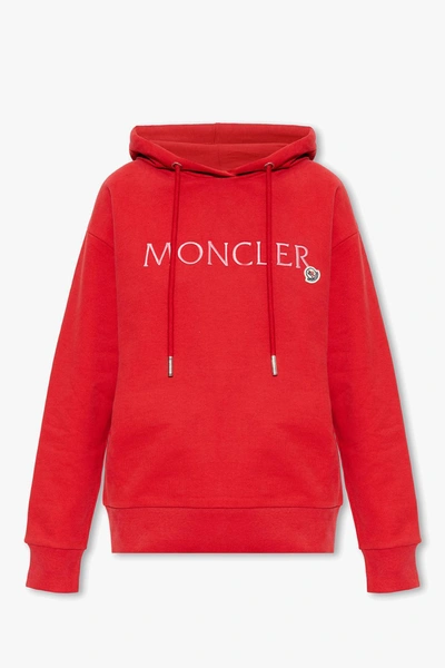 Moncler Logo-embroidered Cotton-jersey Hooded Sweatshirt In Red