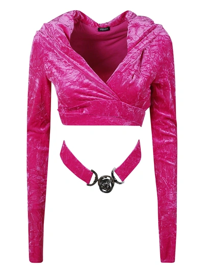Versace Medusa Biggie Fuchsia Crop Hoodie Top With Criss-cross Belt In Crushed Velvet Woman In Pink