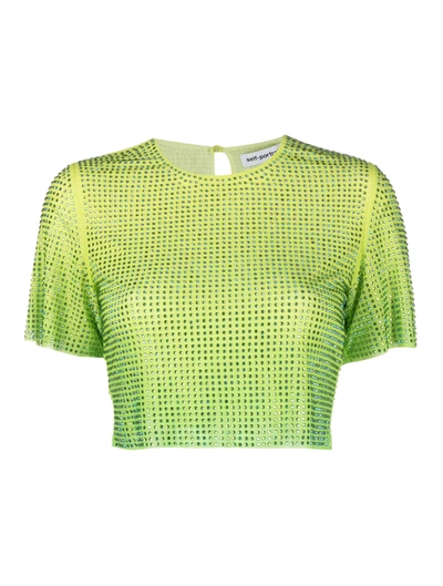 Self-portrait Hotfix Crystal-studded Mesh Cropped Top In Green