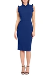 Maggy London Ruffle Mock Neck Sheath Dress In Dark Blue