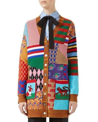 Gucci Patchwork Oversize Wool Cardigan In Brown