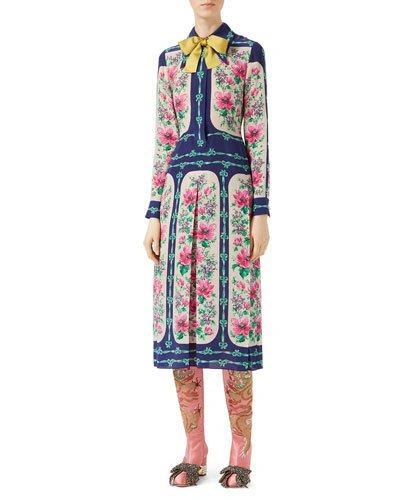 Gucci Rose Window Print Silk Dress, Multicolor