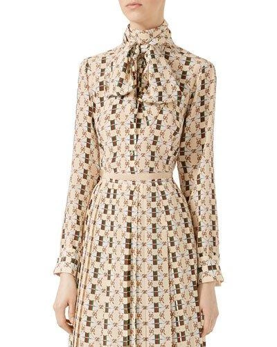 Gucci Ivory Multicolor Silk Shirt With Web Kisses Print