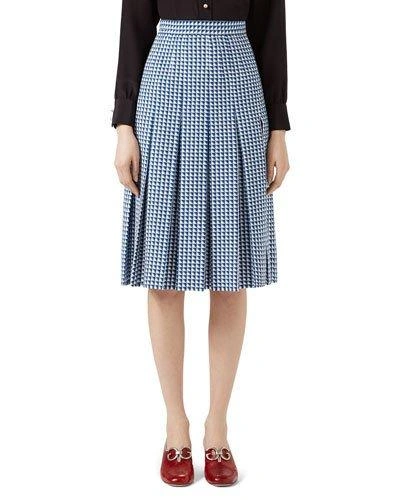 Gucci Pleated Houndstooth Wool-blend Skirt In White,blue