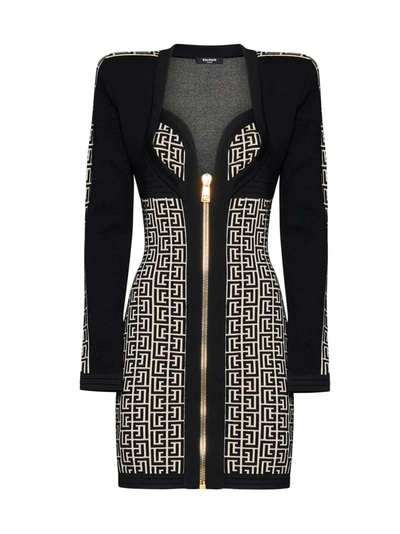 Balmain Black Monogram Minidress With Logo Print All-over In Wool Blend Woman