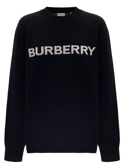 BURBERRY BURBERRY BLACK SWEATER WITH CONTRASTING LOGO IN WOOL AND COTTON BLEND WOMAN