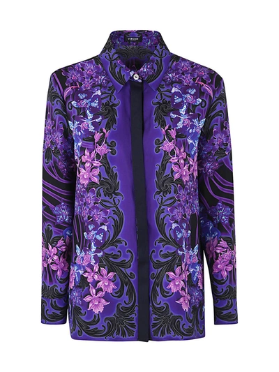 Versace Silk Twill Orchids Print Formal Shirt In Black Orchid
