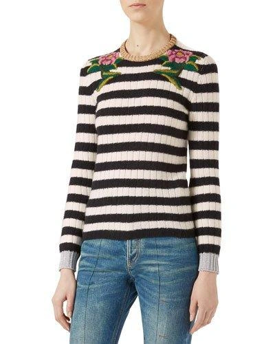 Gucci Floral-embroidered Striped Cashmere-blend Sweater In Black