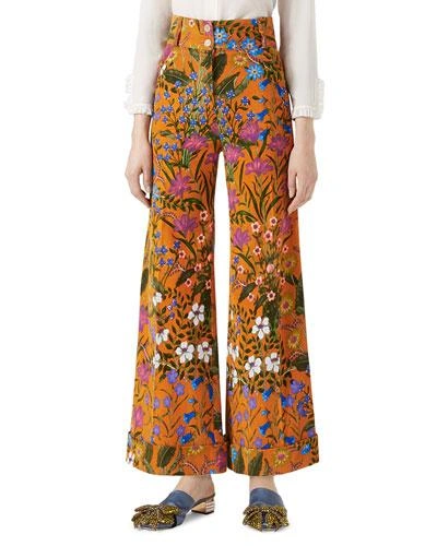 Gucci New Flora Print Corduroy Pants, Multicolor | ModeSens