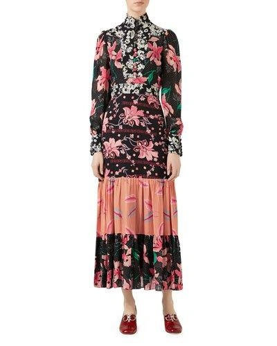 Gucci Floral Patchwork-print Stand-collar Crepe Dress In Black