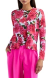 Oscar De La Renta Dahlia-print Cardigan In Fuchsia/ Blue