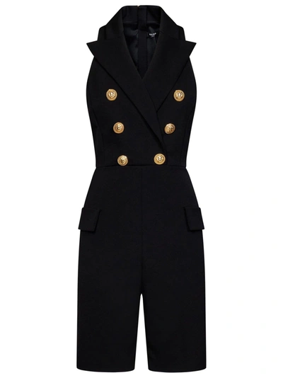 Balmain Stretch Grain De Poudre Tailored Jumpsuit In Noir